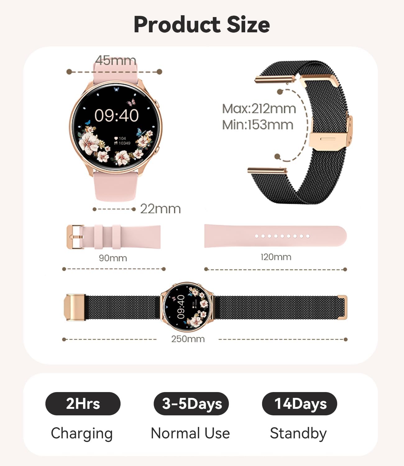 Diagram showing the dimensions of the Fitonme Smart Watch and its straps.