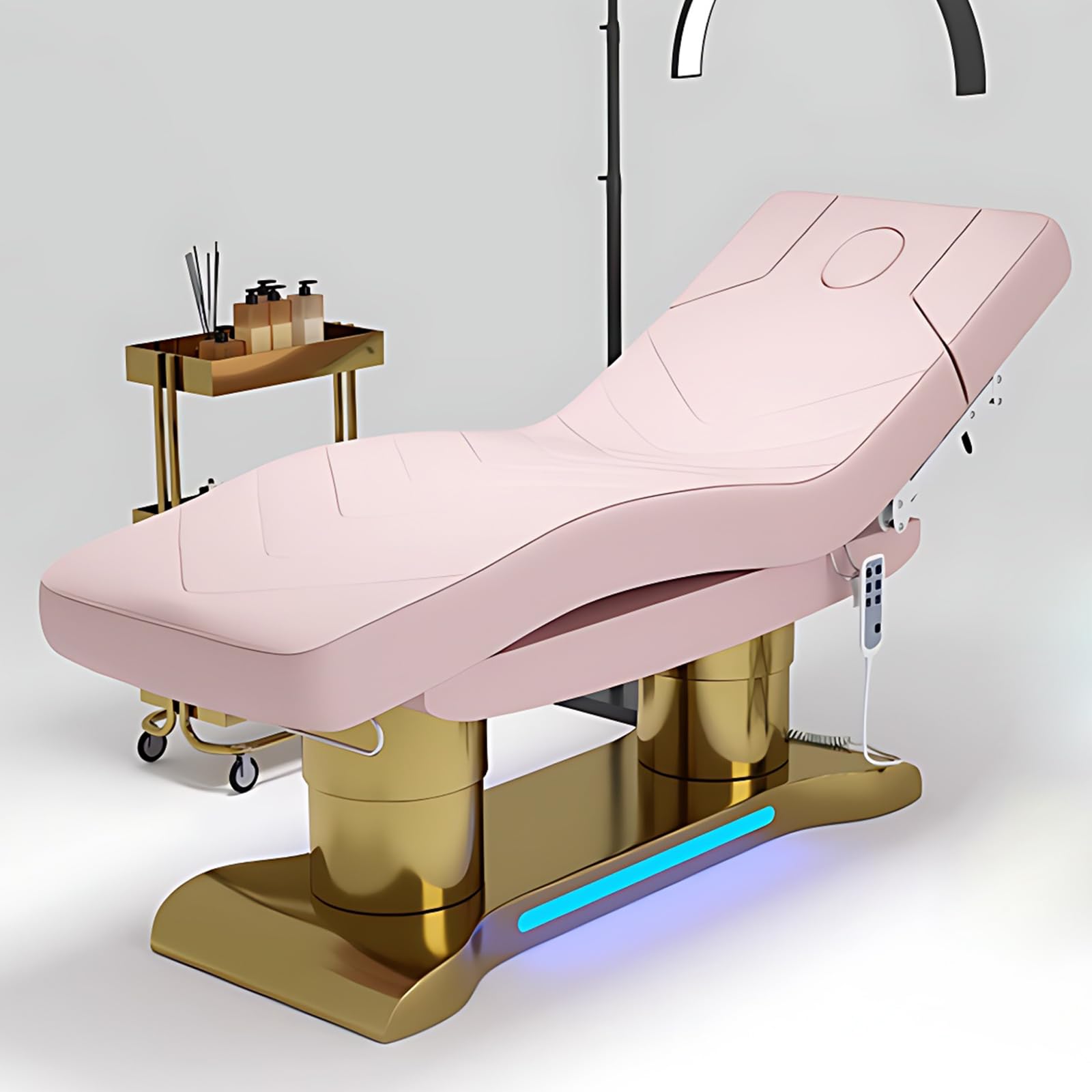 Massage Table-Electric Massage Table with Pink Luxury Double Column Design Facial Beauty Bed Includes Intelligent Lifting Pneumatic Armrests