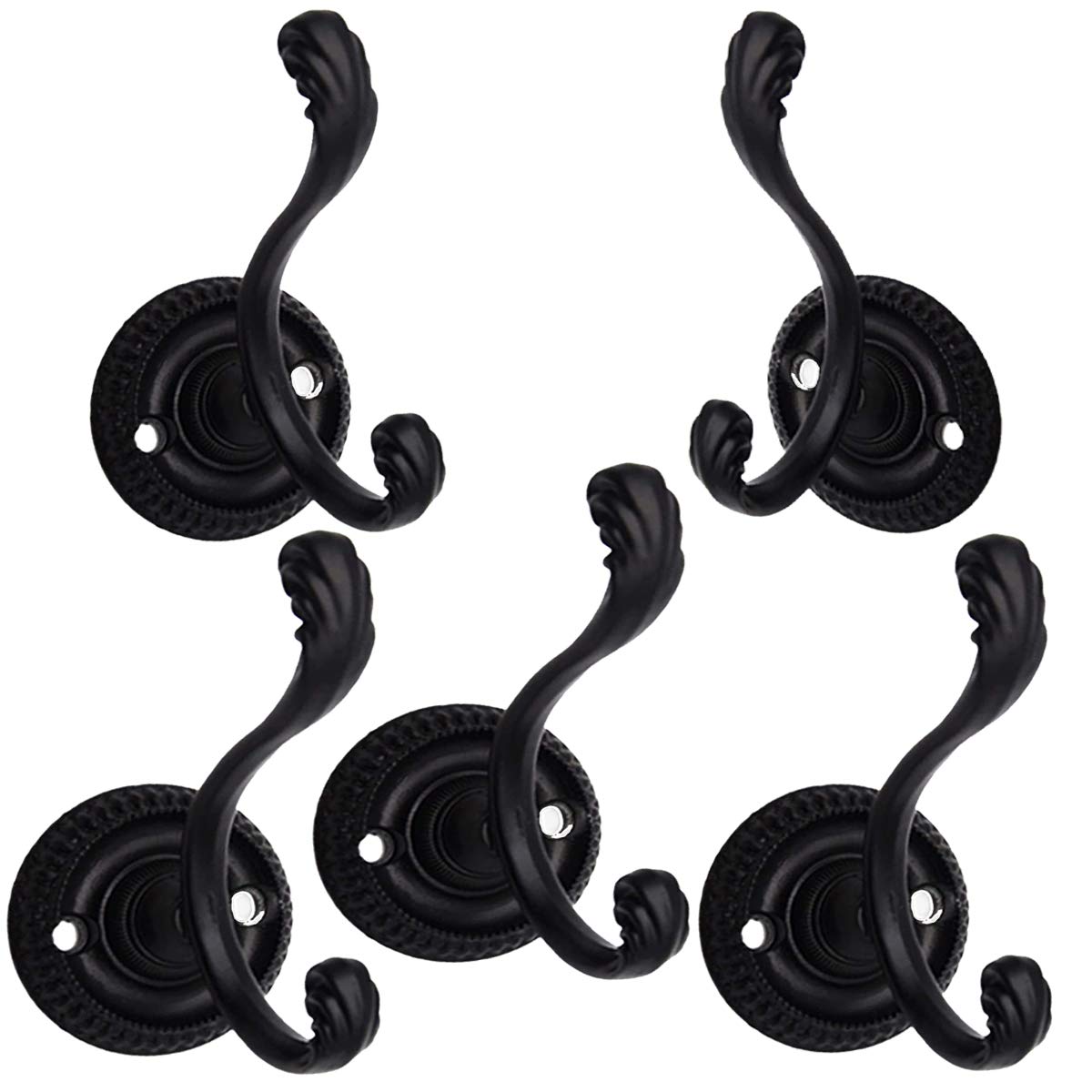 Heavy-Duty Decorative Wall Mounted Metal Matte Black Coat Hooks 5Pack Rustic Double Prong Robe Hook, Vintage Hat Hook, Towel Hook, Backpack Hook, Scarf Hooks, Screws Included