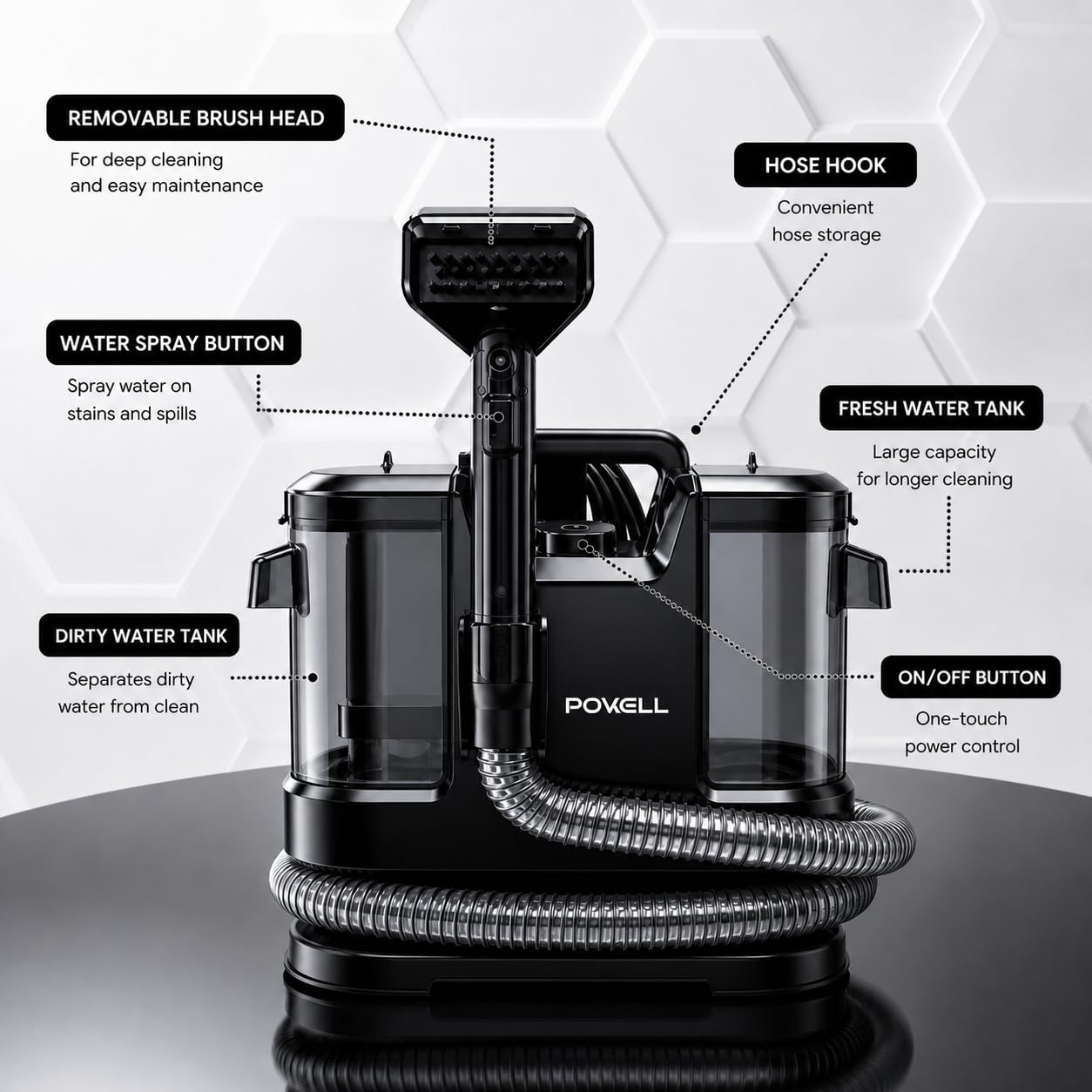 Powell Pulitore Portatile Per Tappeti E Smacchiatore – Pulitore Per Divani E Macchie Ad Asciugatura Rapida Da 450 W Per Mobili, Tappeti, Materassi E Tappezzeria Auto (Nero)