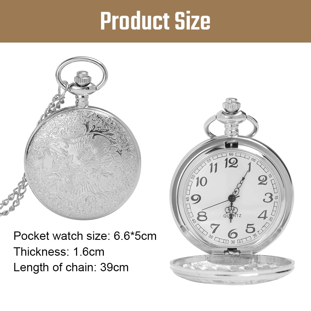 Orologi da Tasca, Orologio da Tasca Moderno, con Catena, Numeri Romani Orologio da Tasca Elegante for Il Giorno del Compleanno, Anniversario, Natale, Festa del papà(Silver)