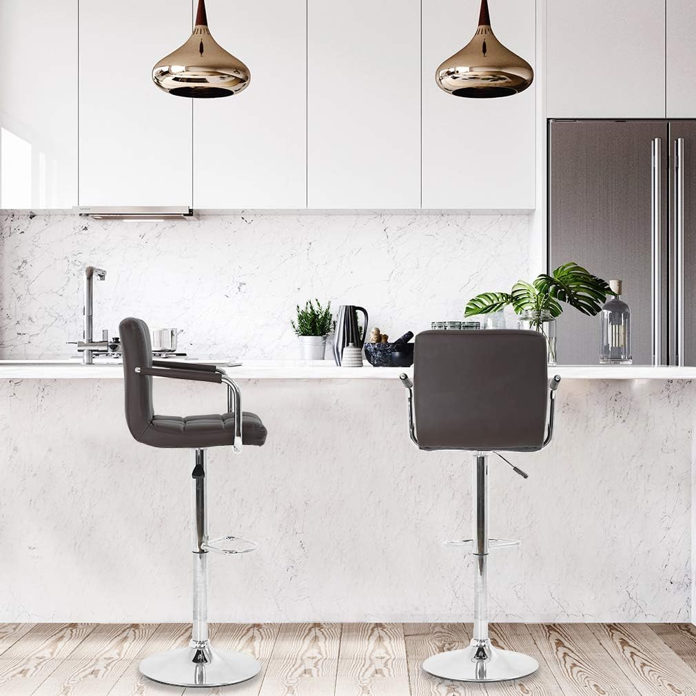 White Adjustable Swivel Leather Bar Stools with Chrome Base, Set of 2