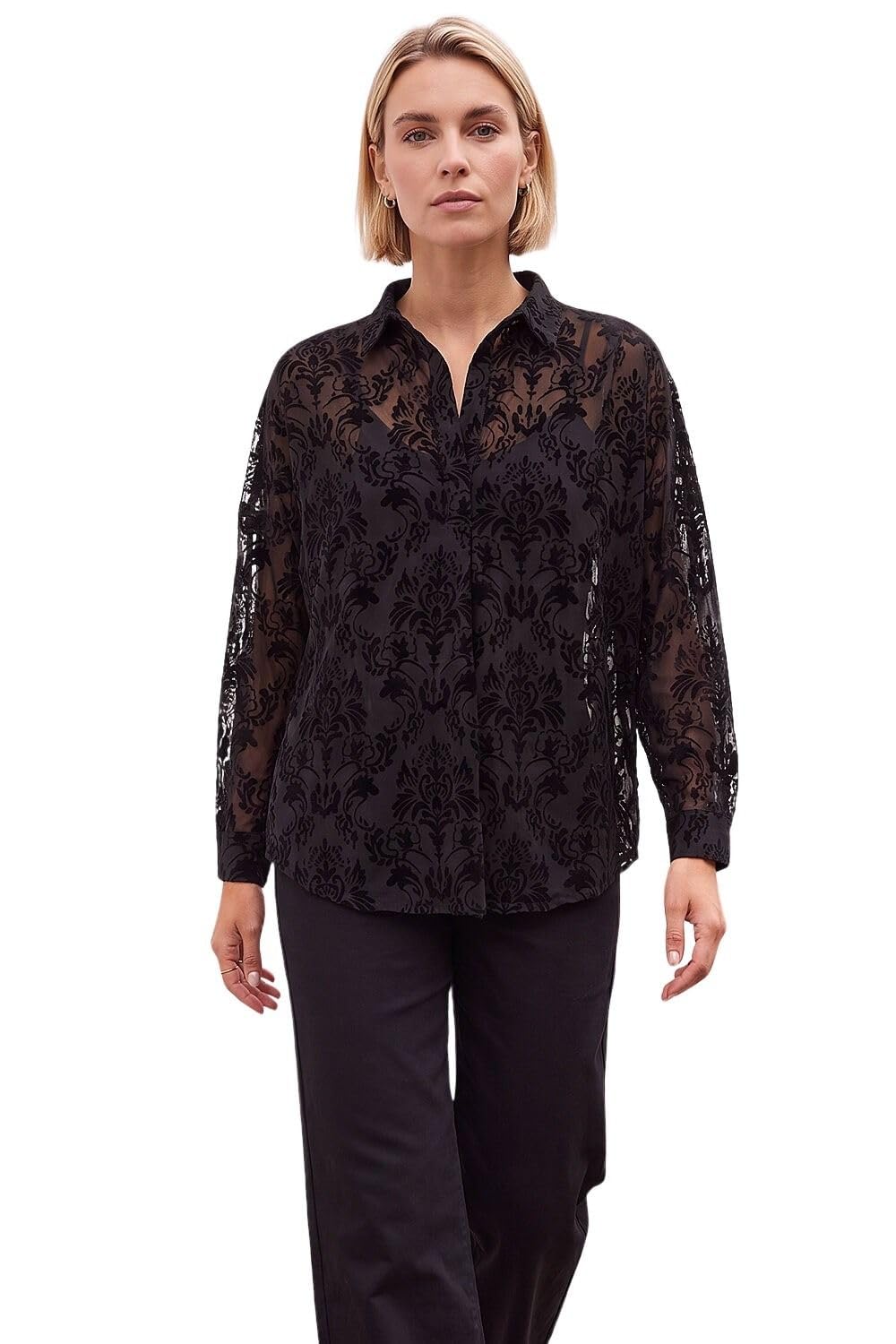 Roman Originals Textured Floral V-Neck Top for Women UK - Ladies Everyday Autumn Winter V-Neckline Comfy Soft Evening Vacation Work Party Night Out