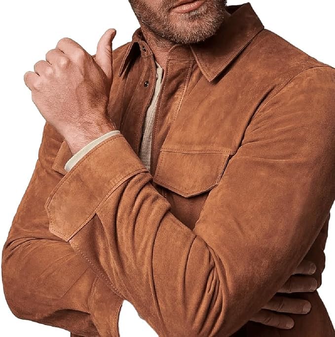 Men’s Trucker Casual Western Fashion Cowboy Turn-Down Collar Shirt Style Suede Leather Jacket3