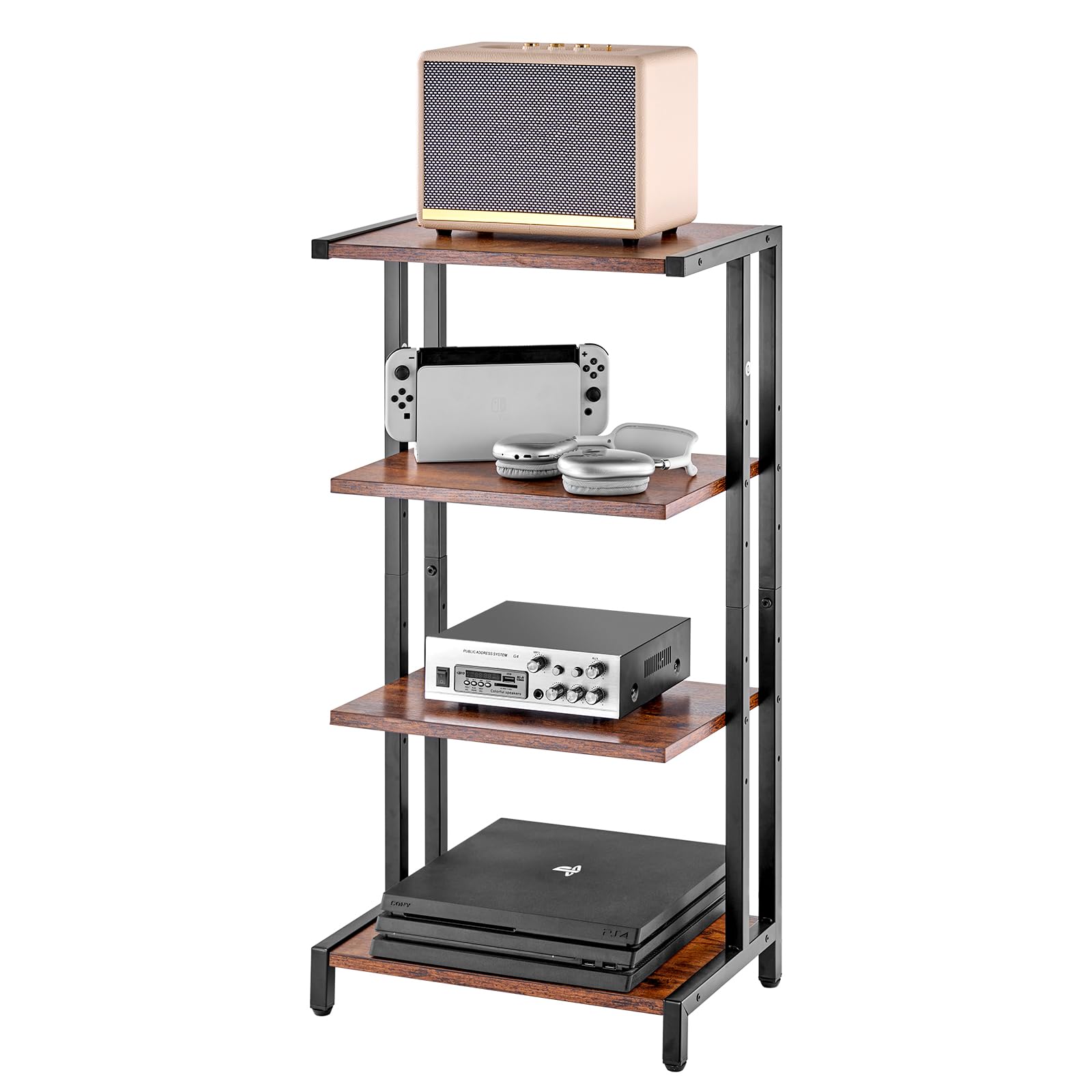 VEVOR Scaffale Portaoggetti Multimediale Altezza Regolabile 420 x 280 x 818 mm, Supporto Multimediale Audio-video 4 Ripiani in Legno per Attrezzatura Multimediale, Mobiletto Portaoggetti Marrone