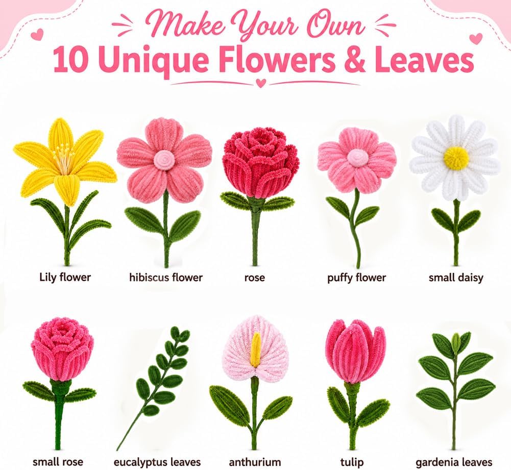 shaXsha Pipe Cleaner Flower Kit Bulk, 1160+ PCS All-in-One Beginner Craft Set with 650 PCS Pipe Cleaners, 500+ Beads & Eyes, Pink-Themed Materials for Creative DIY, Illustrated & Video Guides