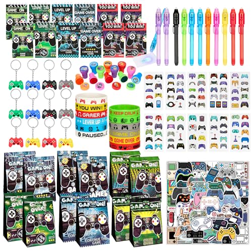 134 bolsas de fiesta de juegos para niños, recuerdos de fiesta de videojuegos con bolígrafo, cuaderno, pulsera, llavero, sello luminoso, calcomanías luminosas, bolsas de regalo, bolsas de fiesta de