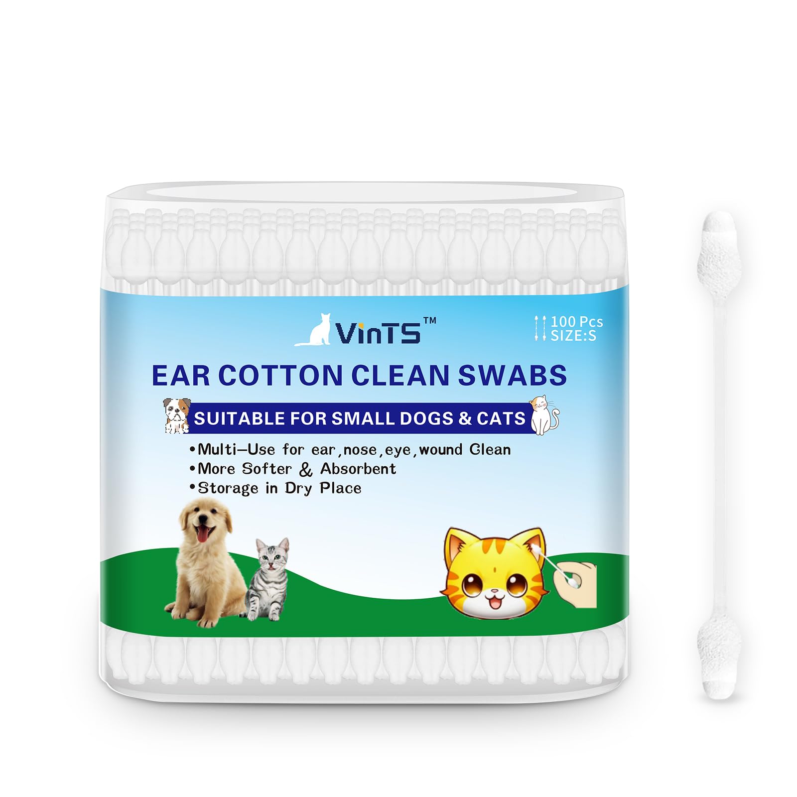 VinTS 100 PCS Cotton Dog Ear Cleaning Swabs, Pet’s Ear Infection Treatment Gourd-Shaped Swabs Prevent Accidental Injuries, Safer Cleaning for Dogs and Cats– Small Size.100% Cotton