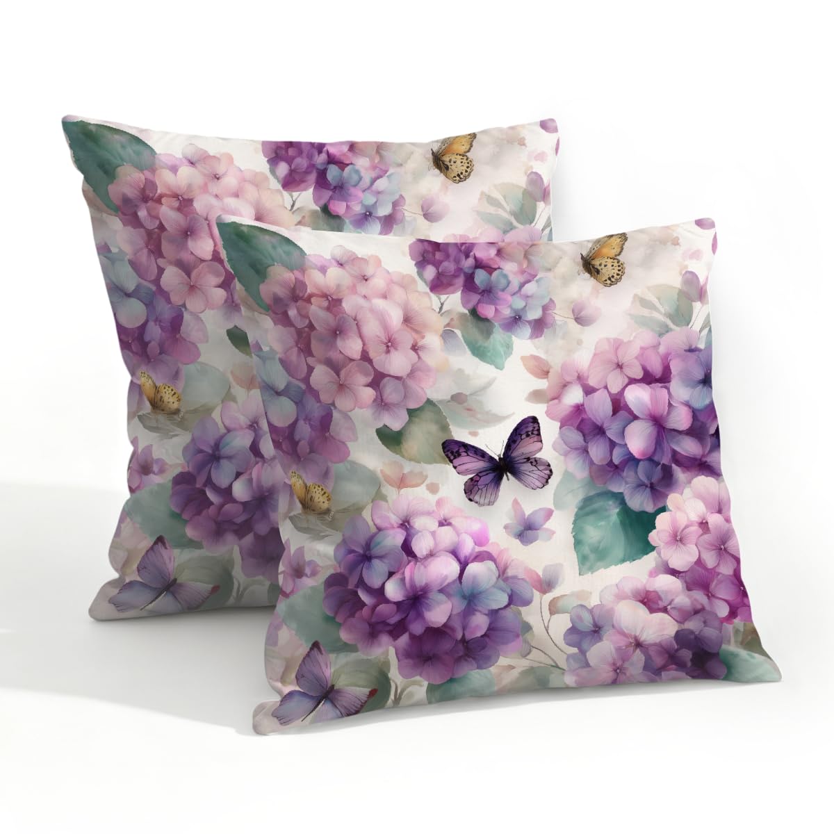 Outdoor Pillow Covers Waterproof Pillowcases 20x20in Set of 2Hydrangeas Flower Butterflies Decorative Throw Cushion Case for Couch Sofa Garden Patio Furniture