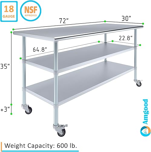 Miniatura 42 de AmGood Mesa de trabajo de acero inoxidable con 2 estantes y ruedas Mesa de trabajo de metal con ruedas