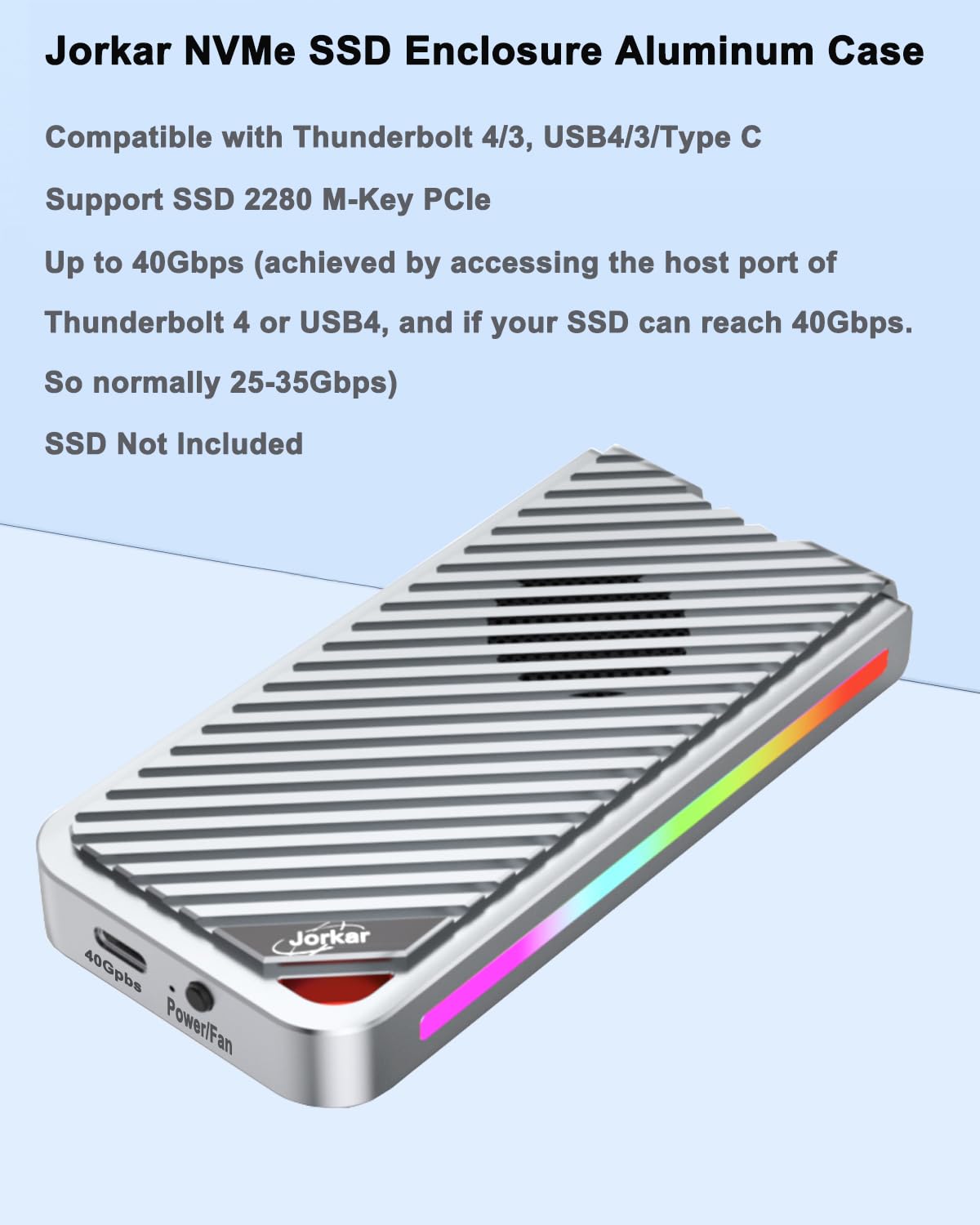 Jorkar Scatola SSD NVMe Esterno Lettore 40Gbps con Ventola, Compatibile con Thunderbolt 4/3, USB4/3.1/3.0, Scatola in Alluminio M.2 a USB-C, 2280 M-Key PCIe (NO SSD)