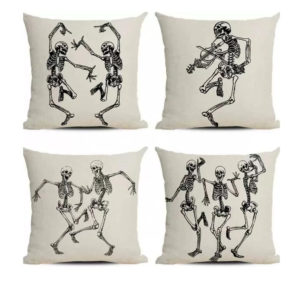 PRK 14 Cushion Covers 4 pcs Halloween Dancing Skeletons Funny Bones Gothic Pillow Throws for Livingroom Bedroom Couples Sofa Horror Scary Pillowcase Set 45 x 45cm
