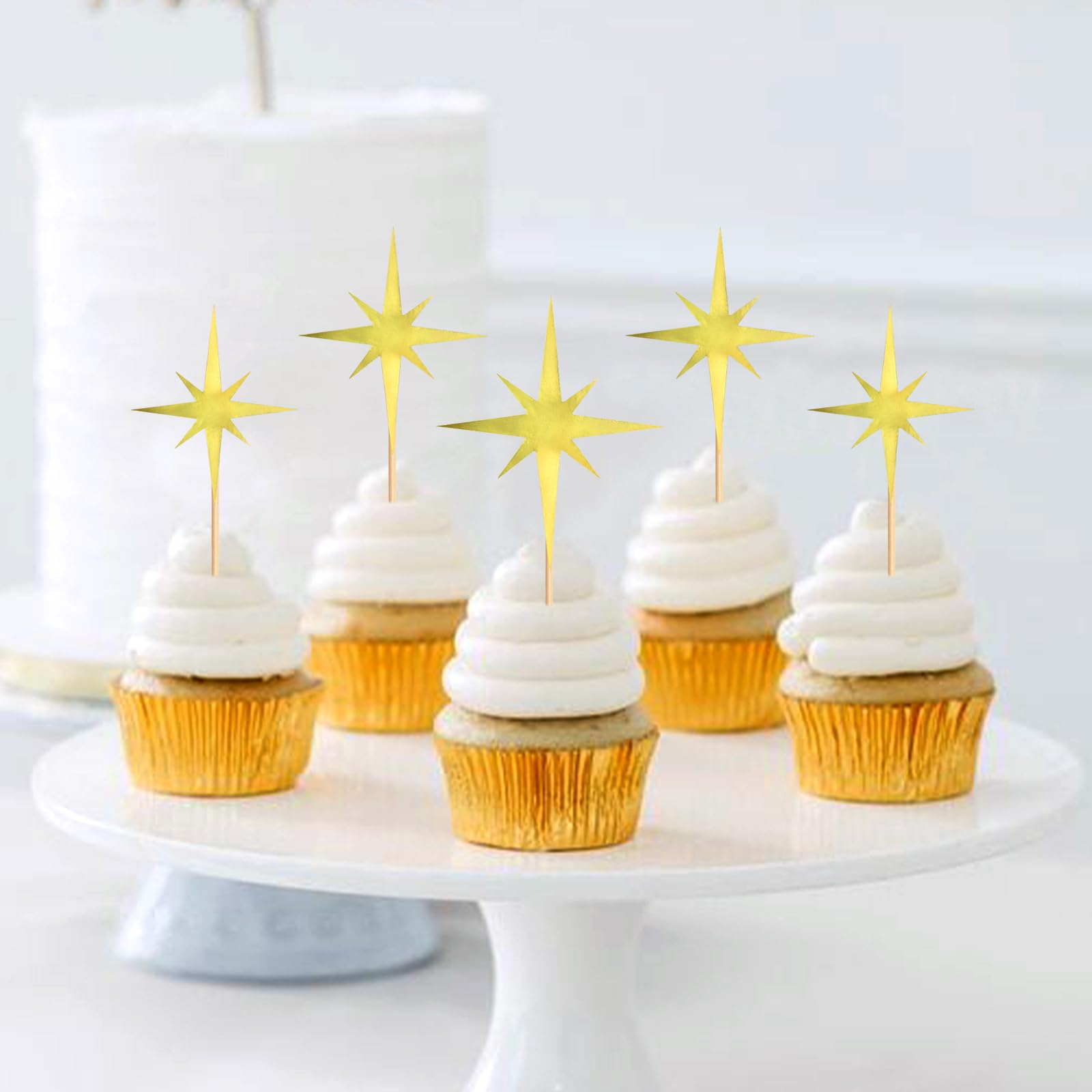30Pcs Double-sided Golden Twinkle Stars Cupcake Toppers Multi-sizes Little Star Cupcake Picks for Twinkle Star Baby Shower Boys Girls Stars Birthday