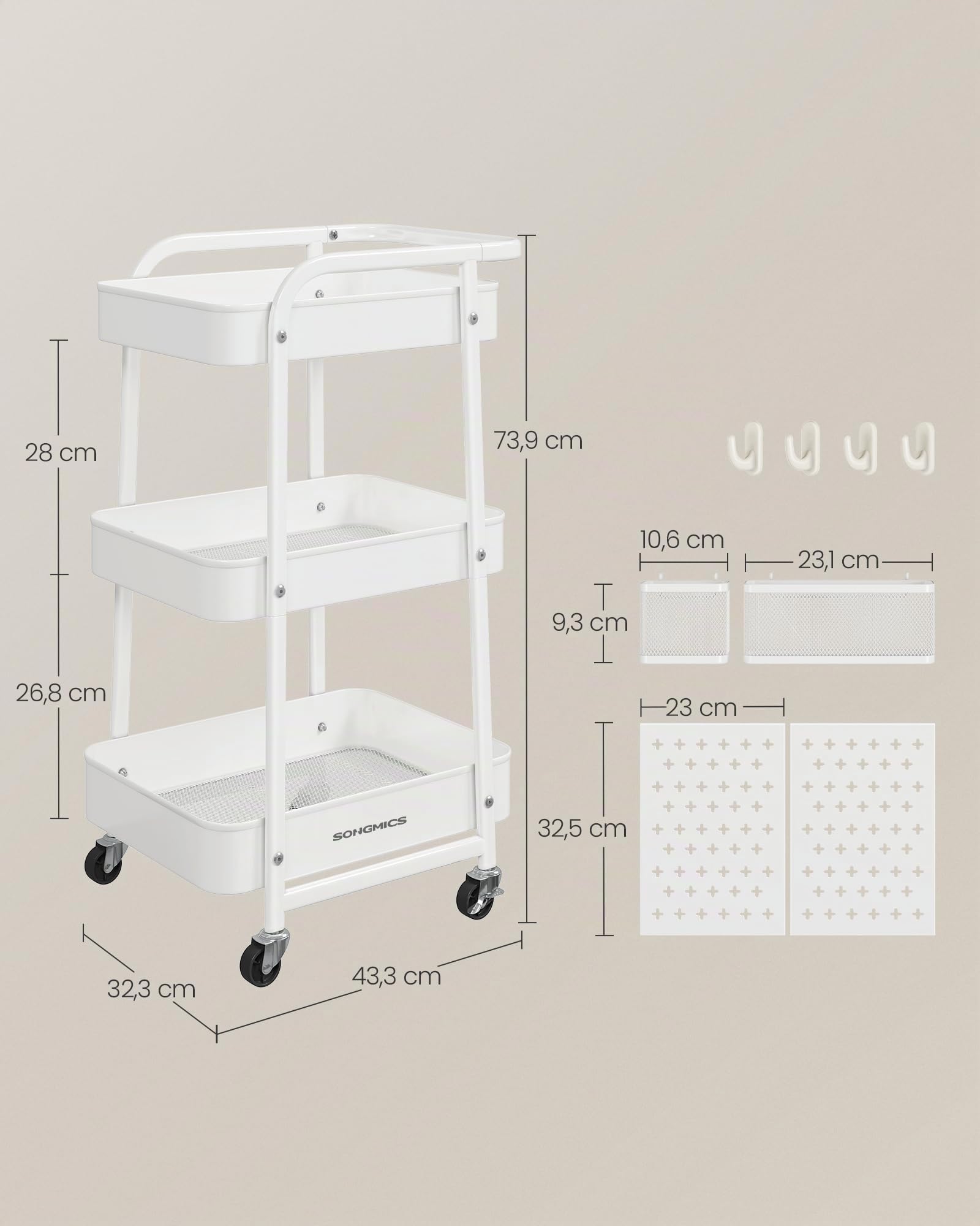 SONGMICS Carrito de Almacenamiento, Carrito con Ruedas, 3 Estantes Malla Metálica, 2 Paneles Perforados Extraíbles, 2 Soportes de Colgar, 4 Ganchos, para Oficina Cocina Baño, Blanco Nube LRC037W01