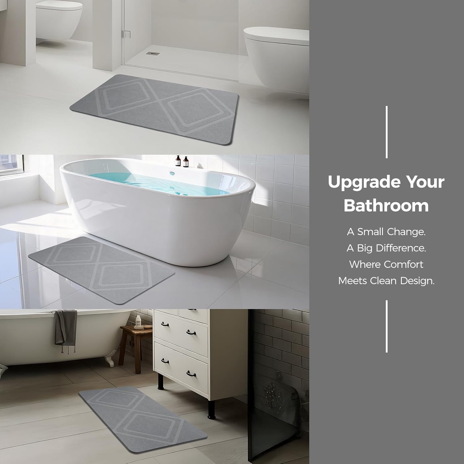 Extra Large Stone Bath Mat, 31.5“ x 20" Diatomaceous Earth Mat Diamond Pattern, Super Absorbent Quick Drying Stone Bath Mats for Bathroom, Easy to Clean (Light Grey)