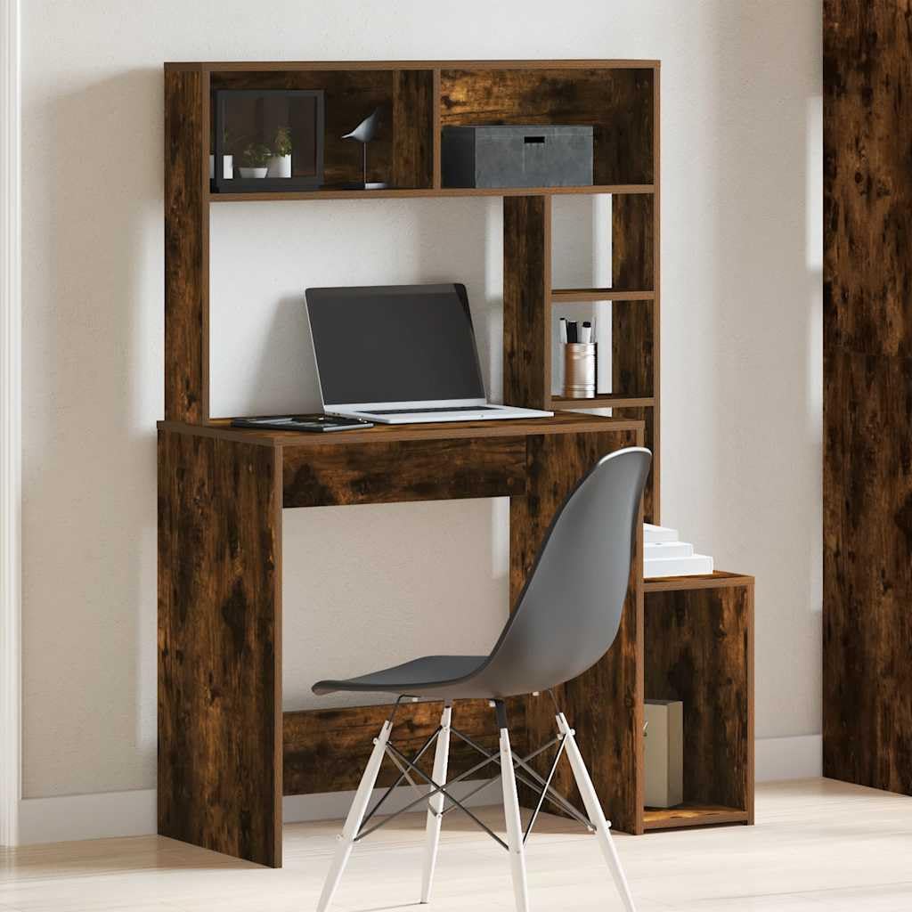 Scrivania con Mensole Rovere Fumo in Truciolato 100x45x140 cm con Ripiani e Cassetti, Tavolo per Studio, Ufficio, Smartworking, PC Gaming, Spaziosa Postazione Lavoro Casa