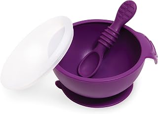 Bumkins Suction Silicone Baby Feeding Set, Bowl, Lid, Spoon, BPA-Free, First Feeding, Baby Led Weaning - Purple