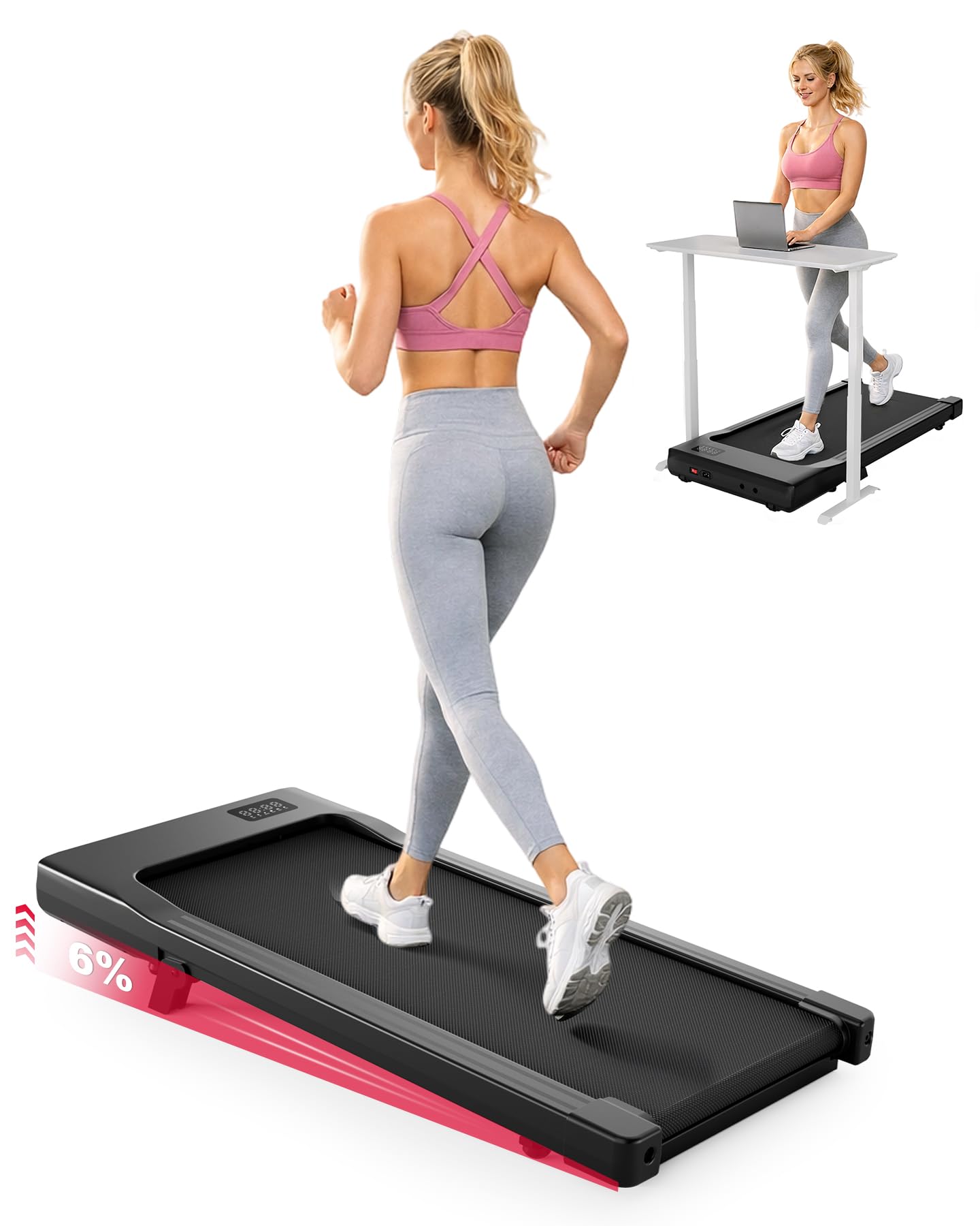 DeerRun Walking Pad with 6% Incline, Under Desk Treadmill for Home Office, 2.5HP Walking Treadmill with App, 136KG Capacity, Remote Control & LED Display