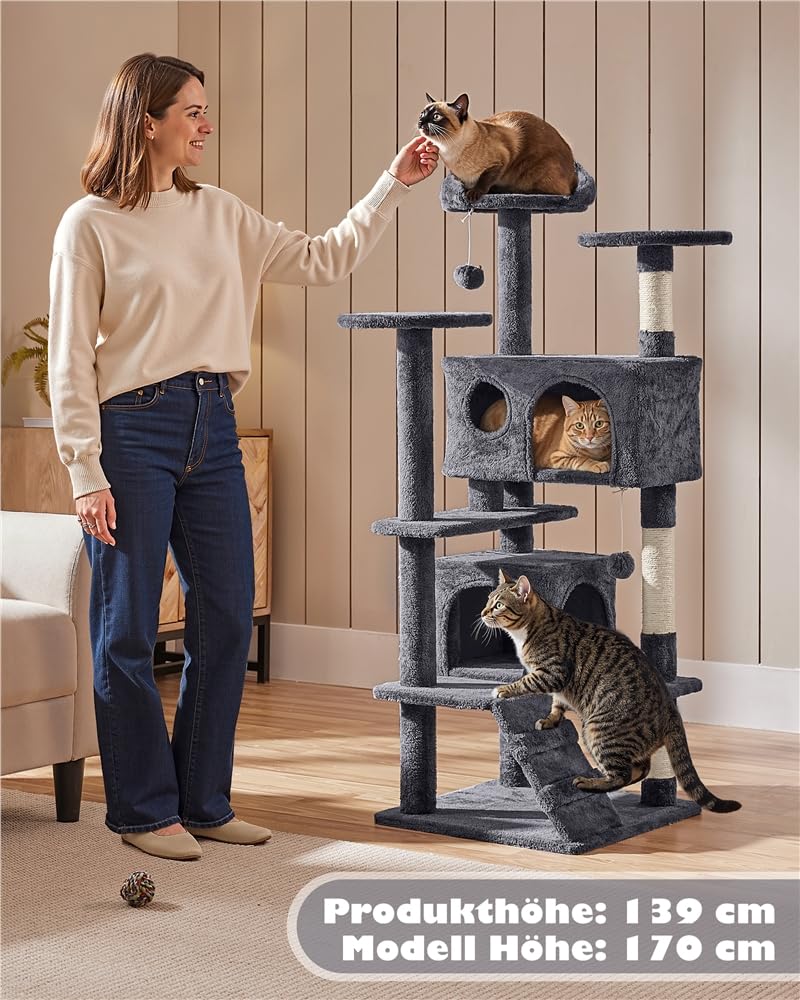 Yaheetech 139 cm Kratzbaum für Kleine und Mittelgroße Katzen, Mehrstufiger Katzenturm mit 2 Höhlen, 3 Plattformen, Sisalsäulen und Stufendesign, Stabil für Mehrkatzenhaushalte, Dunkelgrau