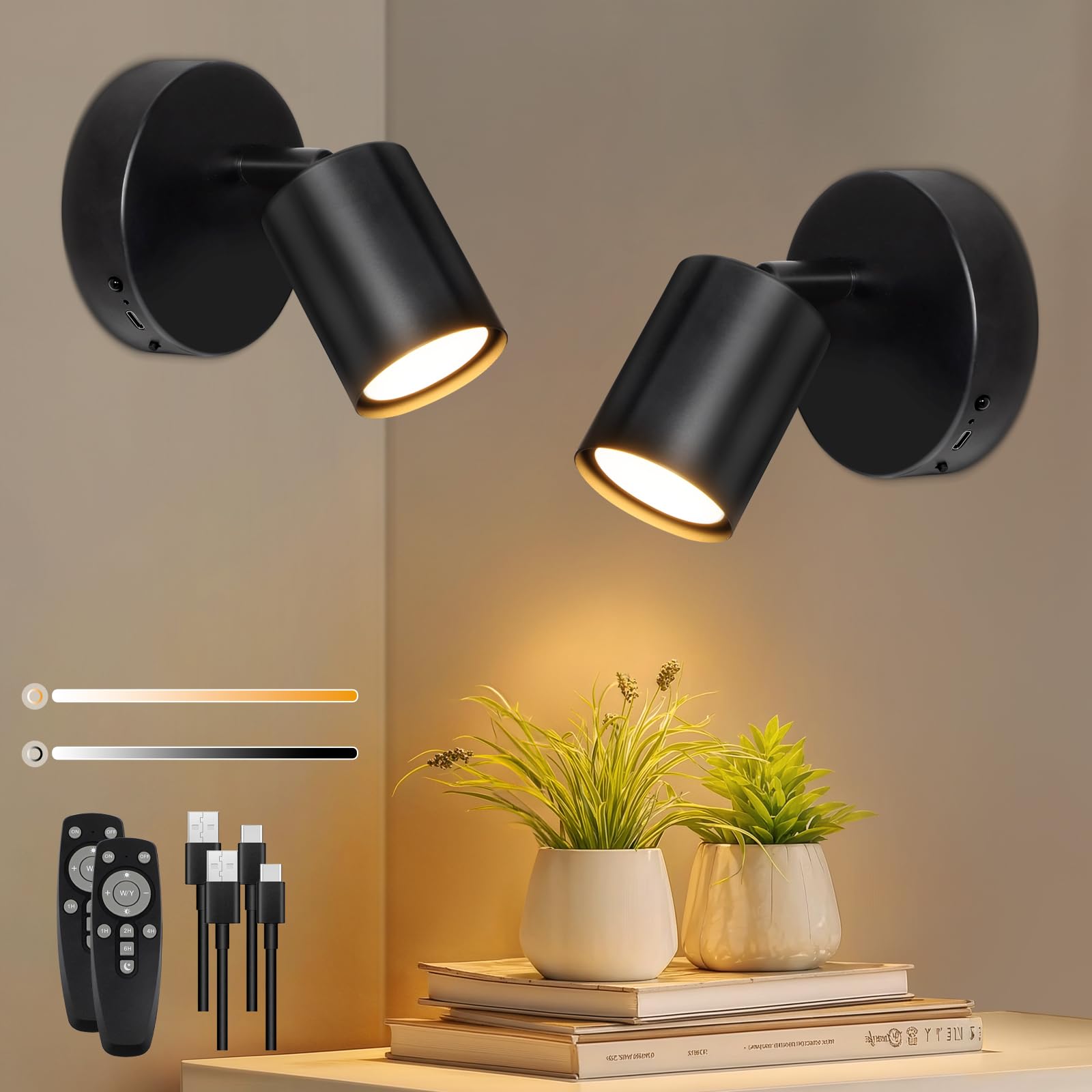 Ketom 2 Pack LED Rotatable Rechargeable Wall Lights Black, Stick on Wall Lights Indoor, Battery Operated Magnetic Light with Remote, Wireless Sconce, 3 Color Temperatures, Dimming, Timer Function