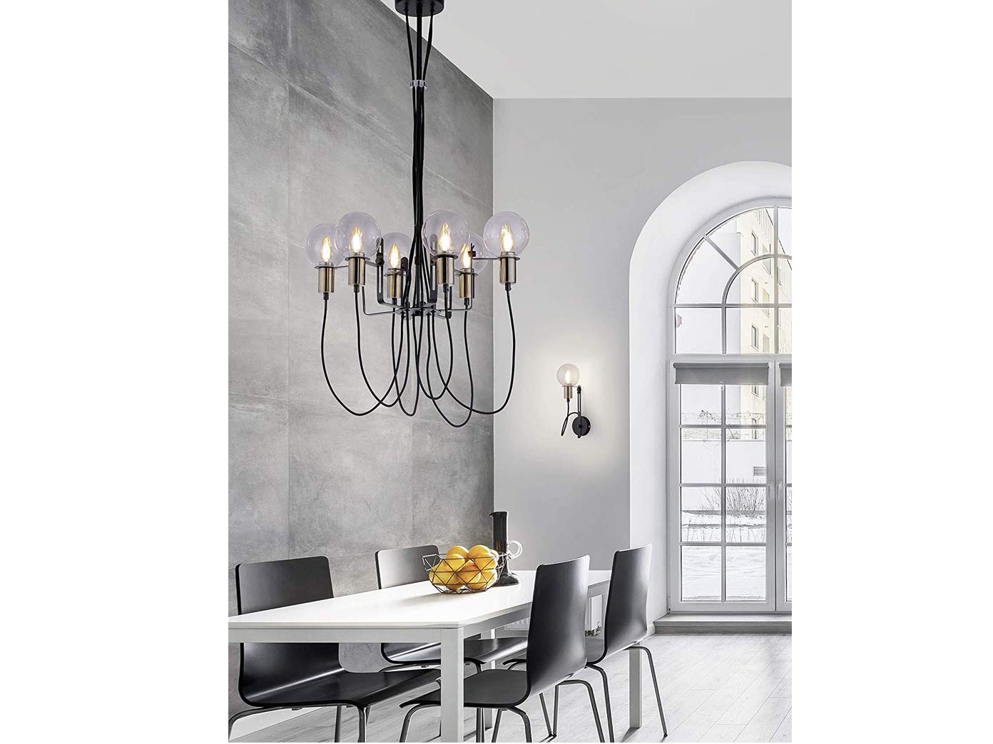 Lampadario A Sospensione Trio Nacho A 6 Luci – Metallo Nero E Ottone Anticato, Diffusori In Vetro Trasparente, Altezza Regolabile
