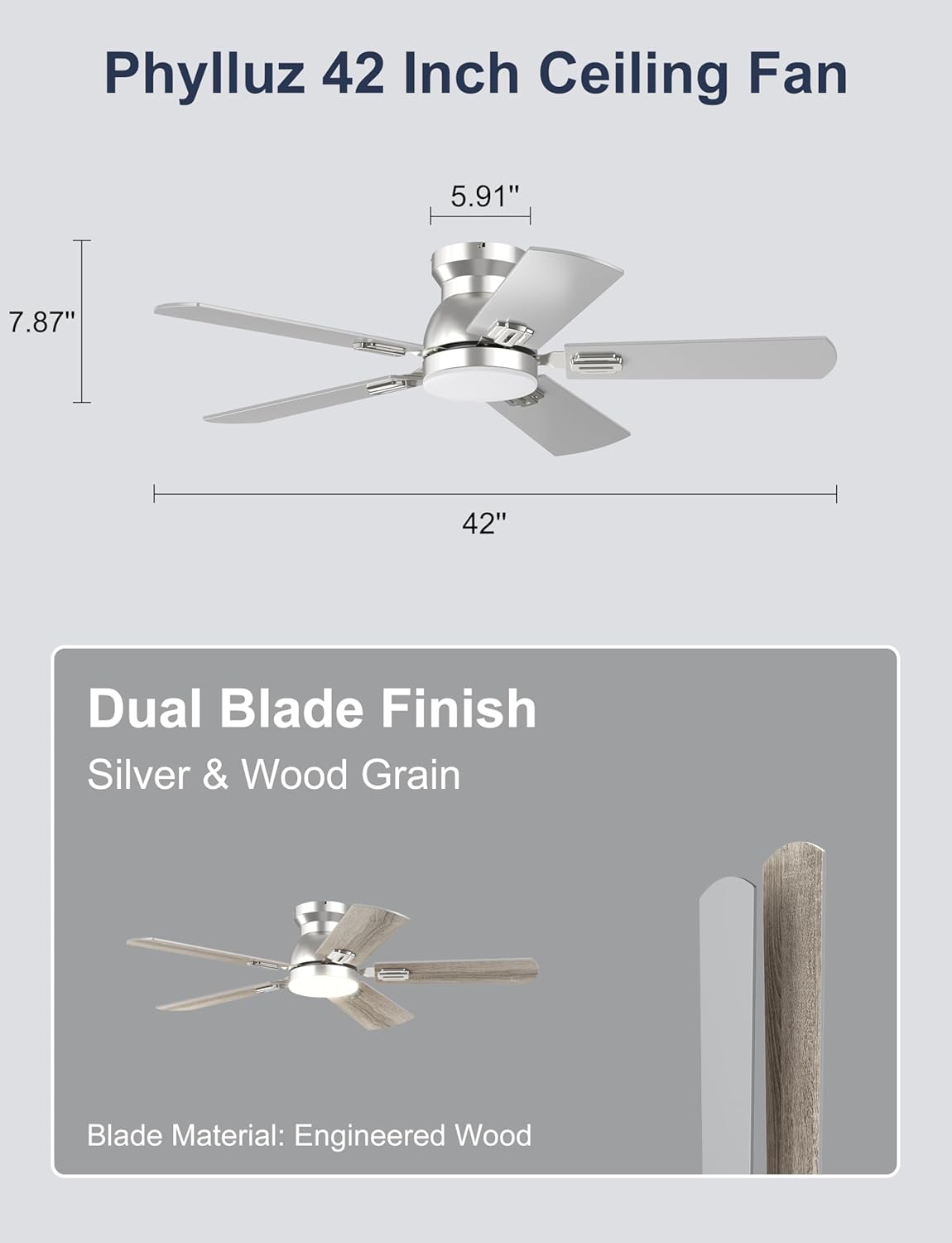 42'' Low Profile Ceiling Fan with Light, Small Silver Flush Mount Ceiling Fan for Kids Room & Home Office, Quiet DC Motor, Space-Saving Modern Fan with App/Remote Control