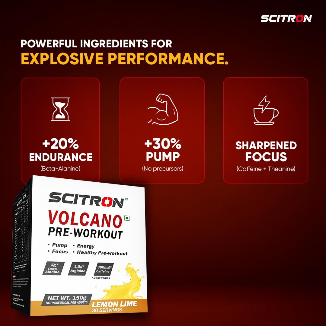 Scitron Volcano Pre Workout 150g - (30 Servings | 4g Beta Alanine | 1.5g Arginine | 300mg Caffeine | 0g Sugar | Boost Energy & Focus| Healthy Pre-workout) (Lemon Lime) — Amazon image 3