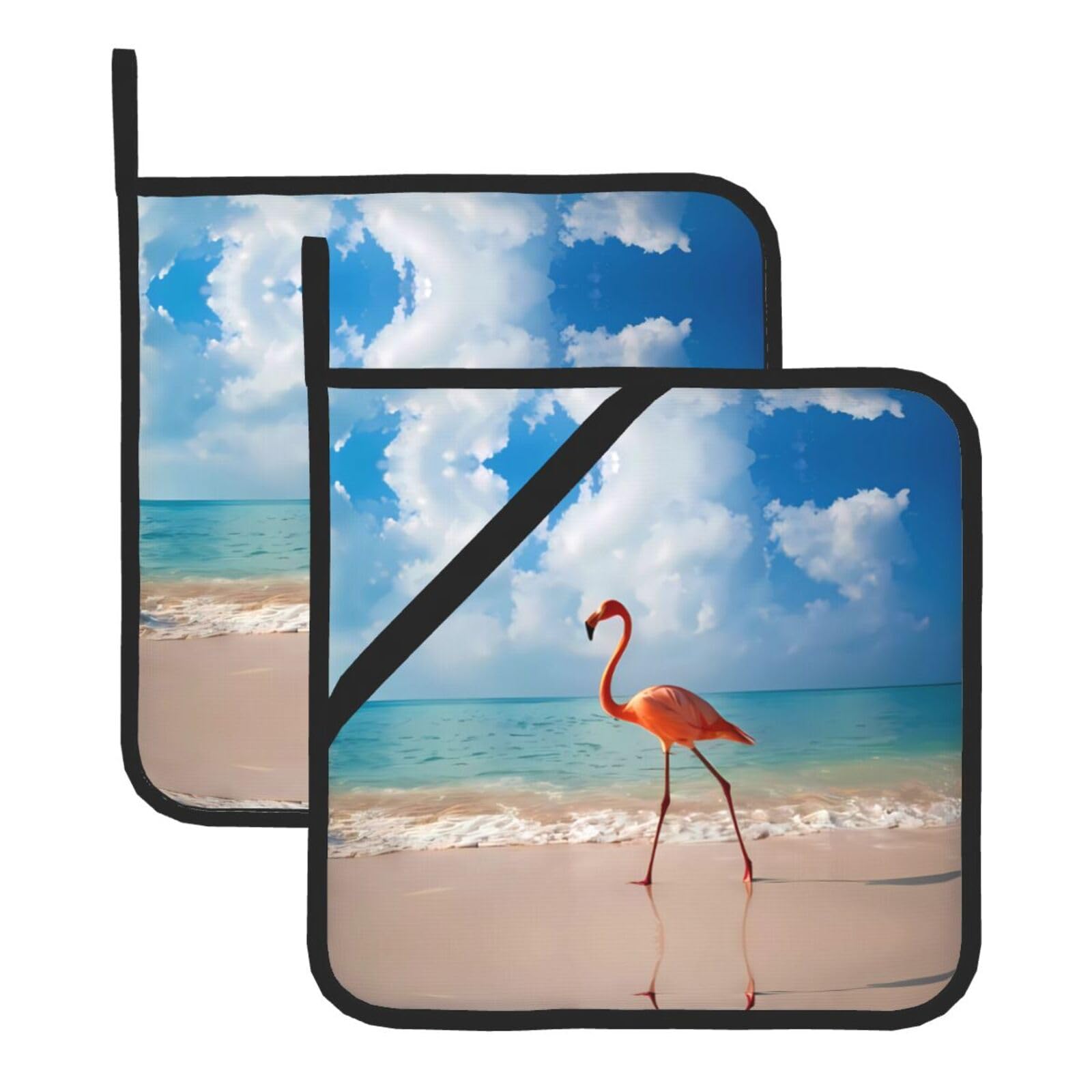 YYHWHJDE Pink Flamingo Walking on The Beach Prints Square Hot Pads for Kitchen Counter - Waterproof Pot Holders, Durable Oven Mitt Layers with Hanging Loop, Heat Resistant Trivets (2-Pack)