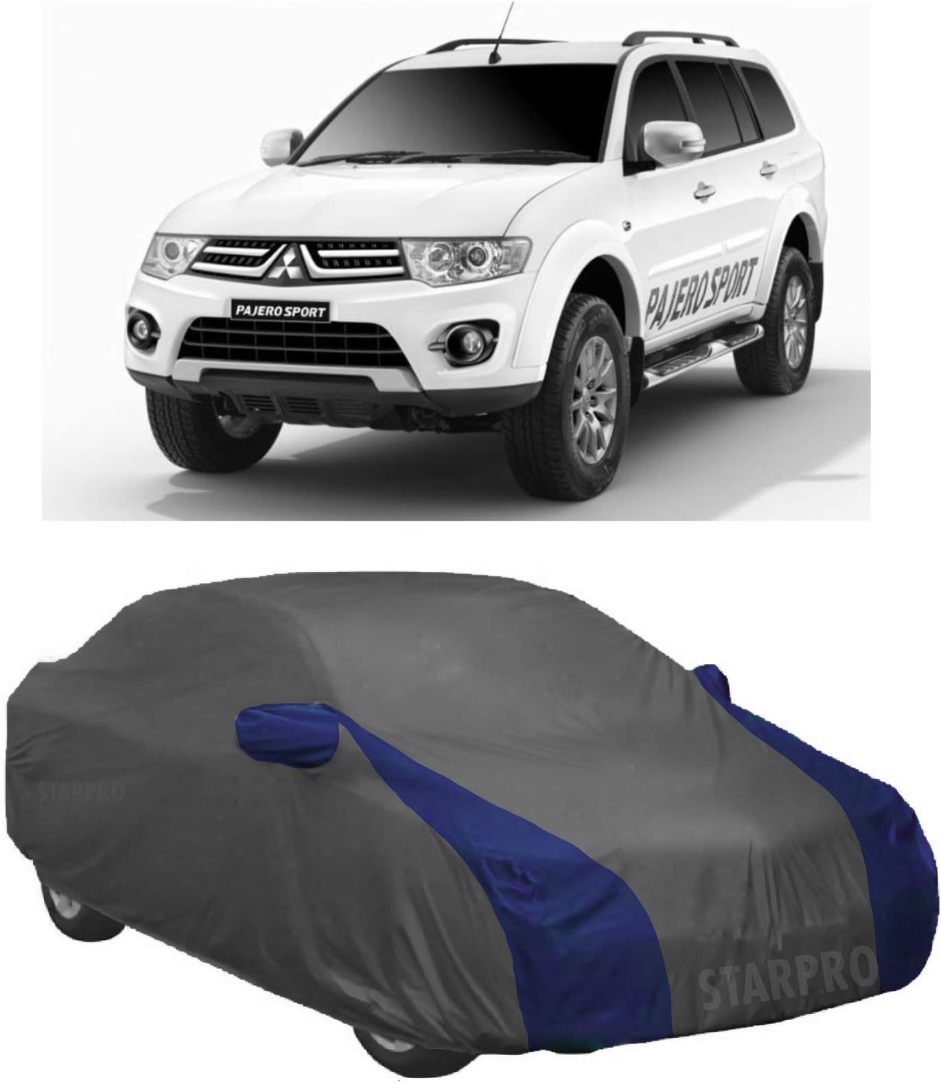 ABORDABLE UV Proof All Weather Car Cover Compatible with Mitsubishi Pajero Sport Water Resistant Car Cover (Grey & Blue Design with Mirror)|Car Accessories