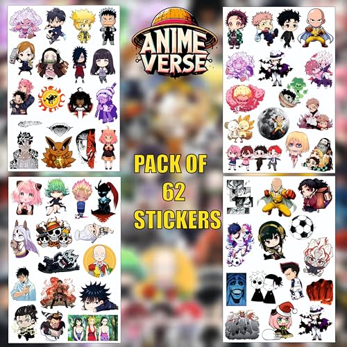 Image of AnimeVerse Pack of 62 Mixed Anime Stickers for Laptop, Phone, Guitar, Bike, PC, | Waterproof Glossy Vinyl Decals | Residue-Free Anime Stickers Collection (Mixed Anime)