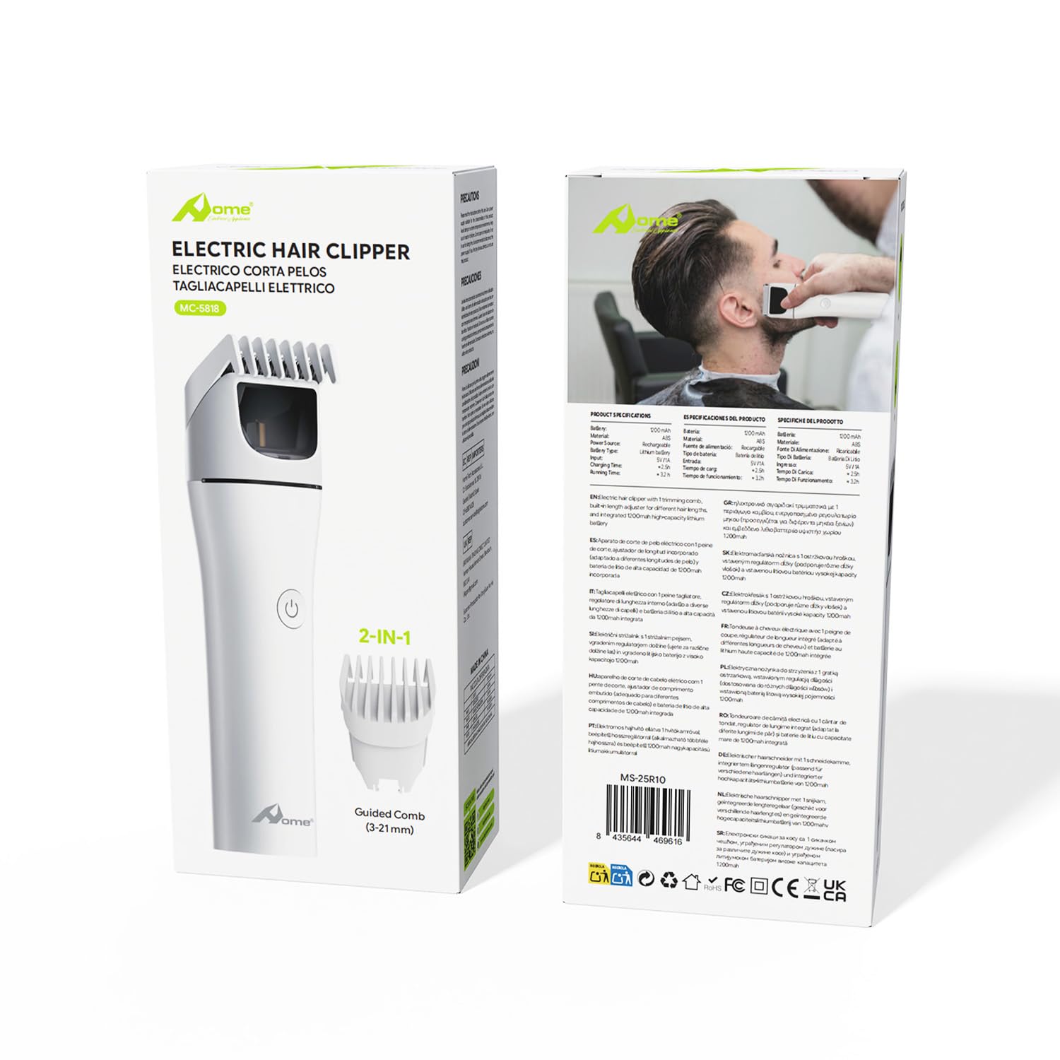 HOME Tondeuse à cheveux sans fil pour homme et tondeuse à barbe rechargeable avec peigne réglable, 7 longueurs de 3 à 21 mm, 3,2 heures d'autonomie et verrouillage de voyage