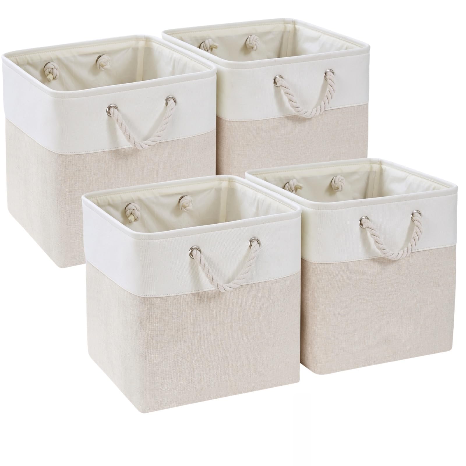 Mangata Fabric Storage Boxes,30x30x30cm Storage basket Cube Storage Unit Organiser for Clothes, Toys,Suitable for Wardrobes, Shelves and Closets(Light Beige/White, Set of 4)