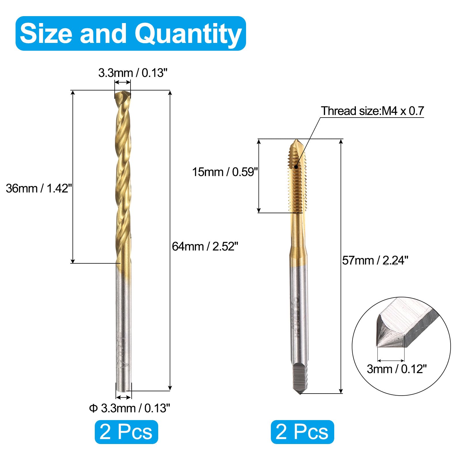 Set di maschi e punte da trapano, 2 maschi per filettatura a spirale metrica M4 x 0,7 e 2 punte elicoidali da trapano da 3,3 mm, kit di utensili per filettatura M35 HSS-CO/HSS-6542 rivestiti in tit