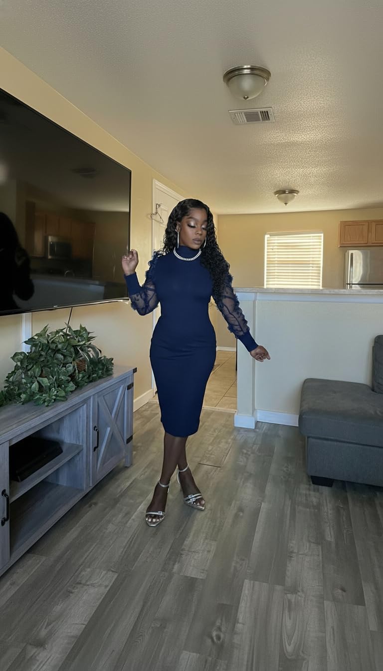 ENOPINK Women's Elegant Mock Neck Ribbed Knit Midi Dress Long Sleeve 3D Floral Mesh Cocktail Church Bodycon Dresses - Image 4