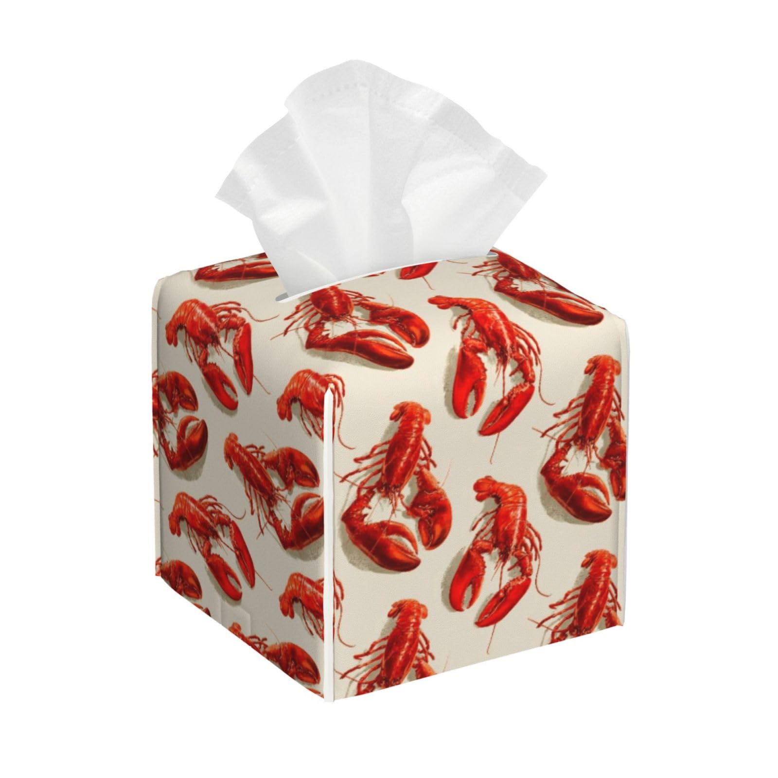 Red Realistic Lobster Print Tissue Box Cover Holder Square, Foldable Modern Cube Tissue Box Cover, Leather Decorative Organizer for Tabletop Bathroom Car Office Desk Decor