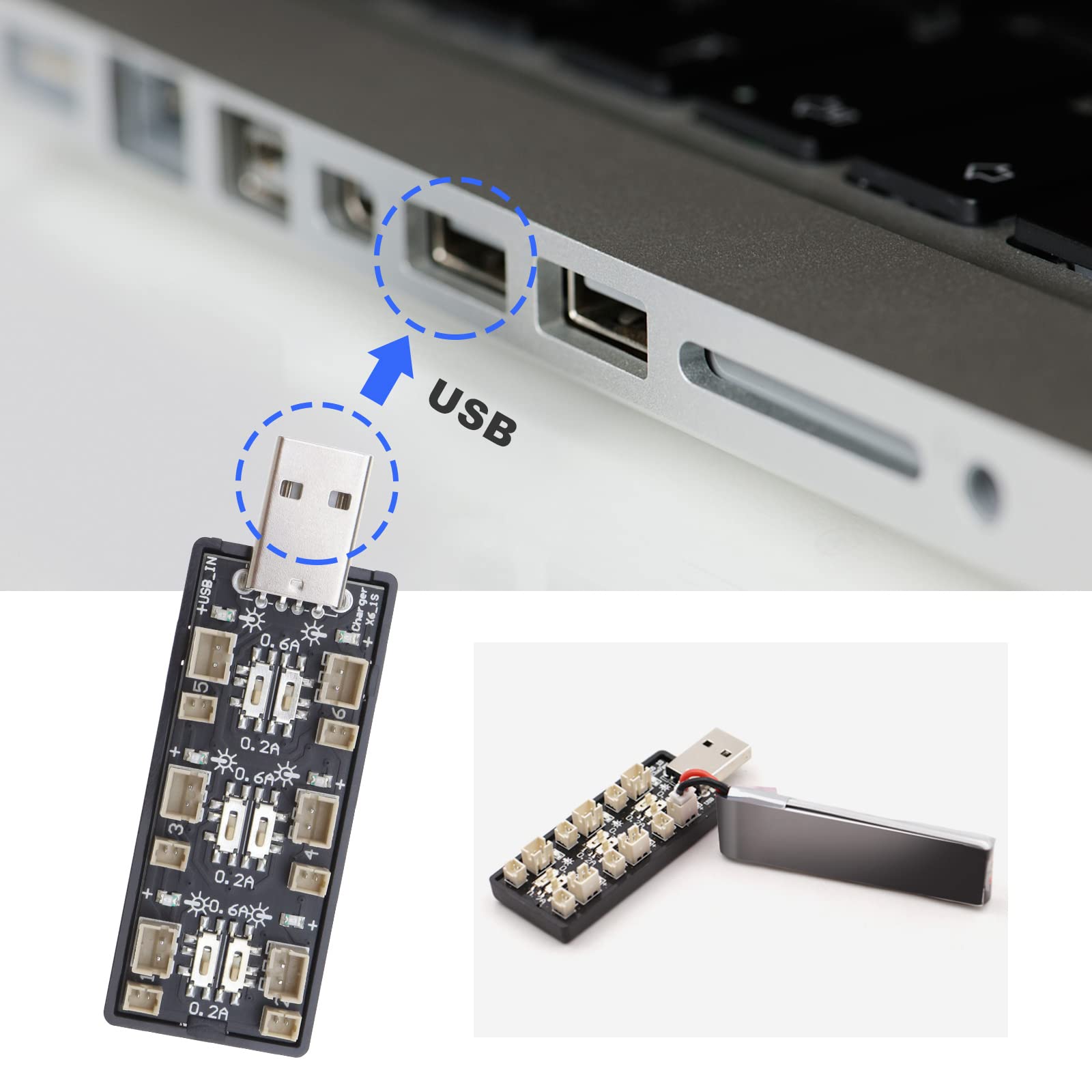Cargador USB 6 Canales Para Batería LiPo 1S De 3.7V/4.2V | Carga Múltiple Con Selector De Corriente 0.2A/0.6A
