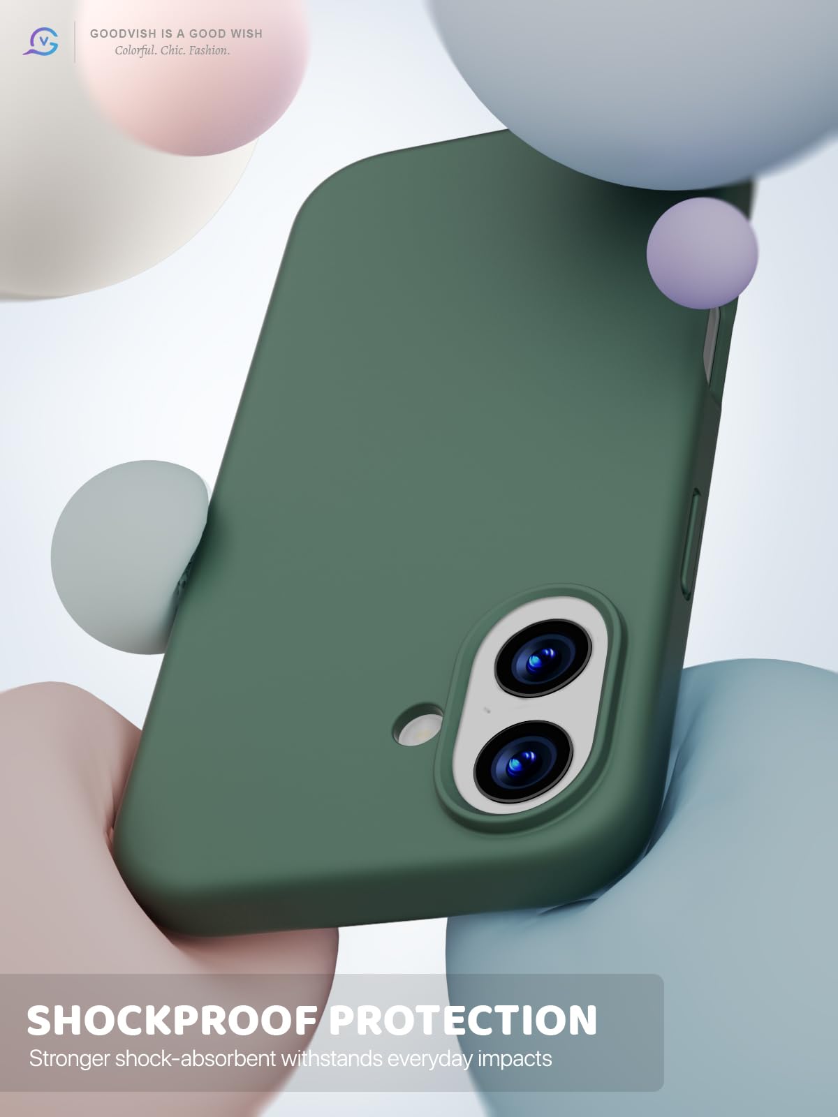 GOODVISH 3 in 1 Silicone Cover per iPhone 17 6.3", Custodia con 2 Pellicola Vetro Temperato [Protezione Fotocamera] 360° Protezione Anticaduta Case per Cellulare Antiurto Resistente, Verde Pino