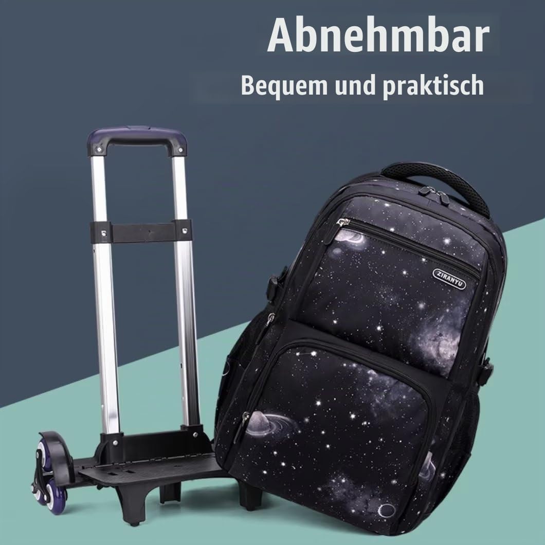 Schulrucksack Jungen Teenager Trolley Schulranzen Jungen Schultasche Koffer Rucksack mit Rollen, 3-teiliges Schultaschen-Sets mit Lunch Tasche und Federmäppchen (Blauer Sternenhimmel)