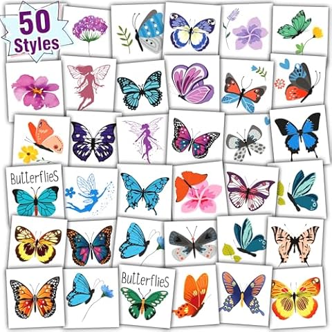 Partywind Butterfly Temporary Tattoos for Kids, Individually Wrapped Sheets Tattoos for Butterfly Party Supplies Favors Decorations, Butterfly Birthday Party Toys for Kids Girls (50 Styles) Cover