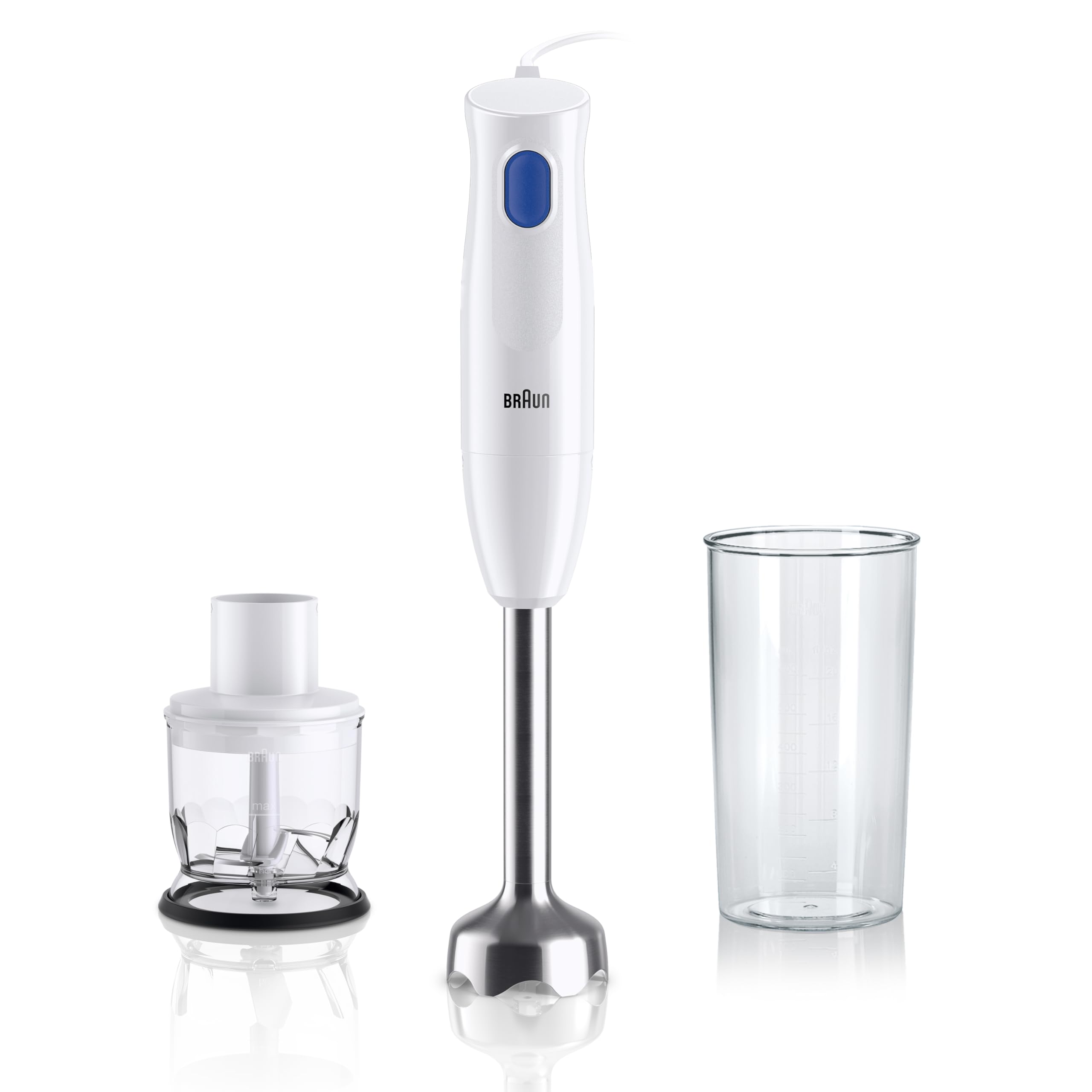 Braun MQ10.202M MultiQuick1 MINIPIMER CON 5 ANNI DI ASSISTENZA, Frullatore ad immersione extra leggero con base in acciaio inox e sistema EasyTwist, 3 ACCESSORI, 450 Watt, Bianco