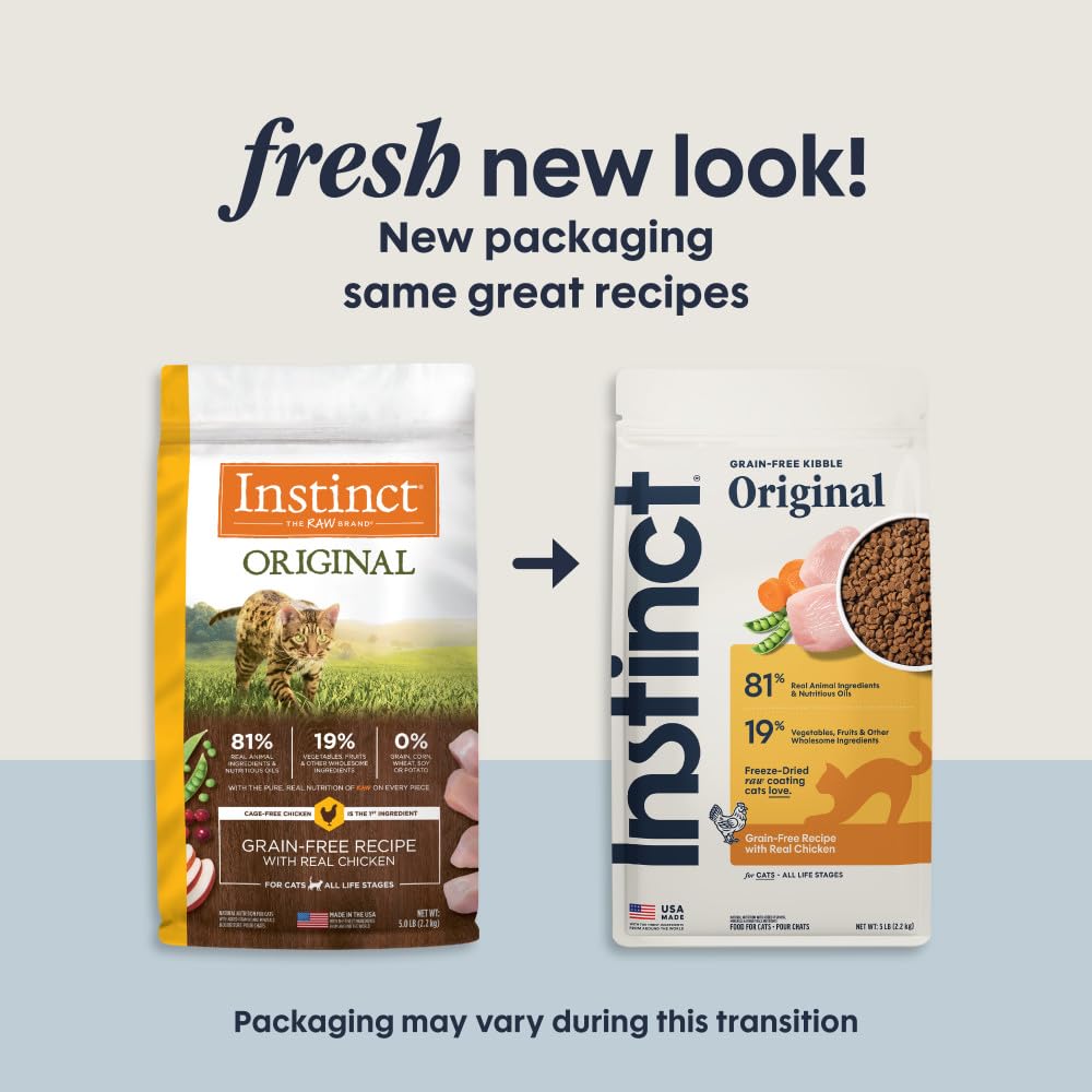 Instinct Receta Original sin Grano Natural seco Cat Alimentos por la Naturaleza de la Variedad | Croquetas crudas con pollo sin jaula para músculos fuertes, salud digestiva y piel y pelaje saludables, sin cereales