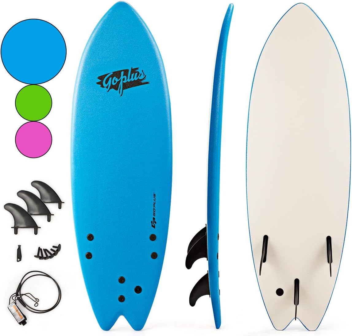 Goplus 5'5" Surfboard, Soft Top Surf Board, Lightweight Bodyboard Surfing Foamie Board with 3 Removable Fins, Adjustable Wrist Rope, Great Beginner Board for Kids and Adults