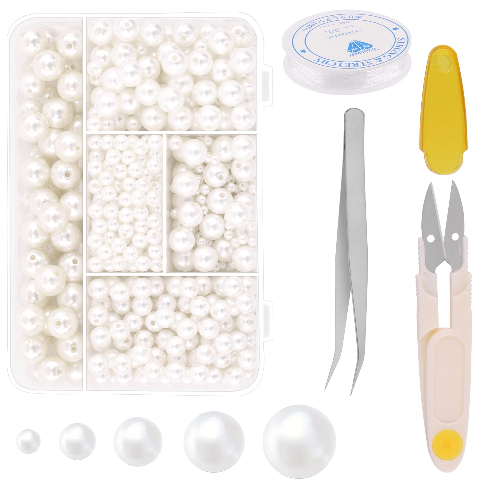 Mardatt 803Pcs 5 Sizes Pearl Beads with Holes Set Includes 4mm 6mm 8mm 10mm 12mm Ivory Pearl Beads Round Loose Fake Pearls, Elastic String, Scissors, Tweezers for Jewelry Wedding Birthday Decoration