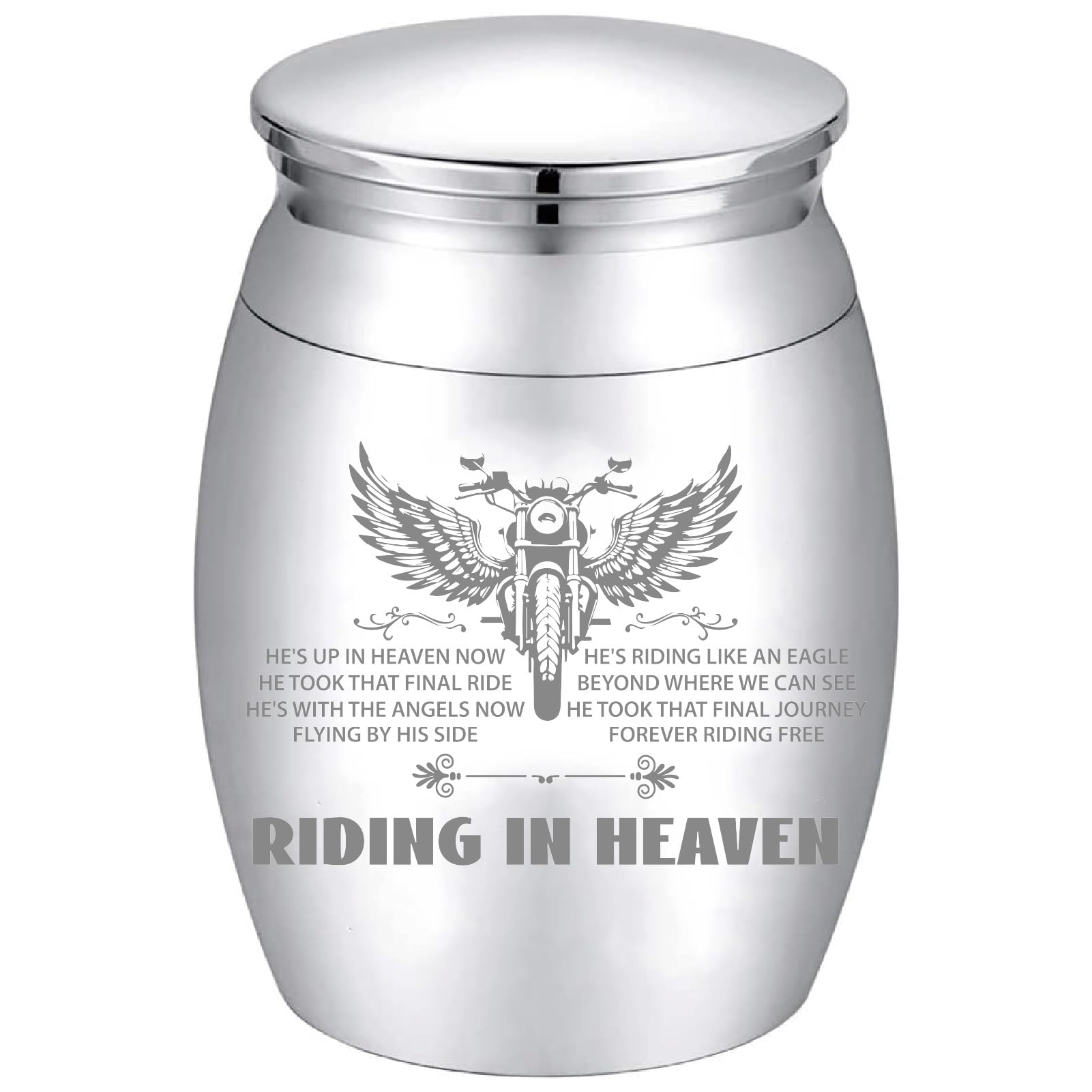 CREATCABIN Wing Small Urn Silver Mini Urns Metal Alloy Decorative Motorbike Riding in Heaven Pets Human Keepsake Memorial Cremation Ashes Holder Container for Funeral Burial Male Female 1.6 x 1.2 Inch