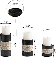 Vista 6 de Portavelas de pilar de madera natural, 3 portavelas rústicos, portavelas decorativos con acento de cuerda natural, portavelas de madera envejecida