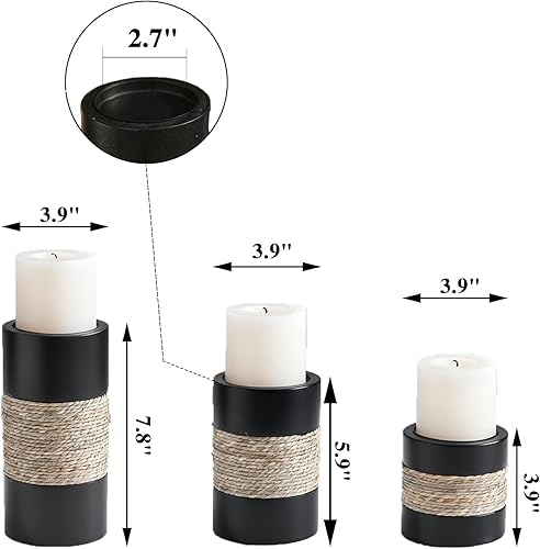 Miniatura 6 de Portavelas de madera, 3 portavelas rústicos para velas de pilar, portavelas decorativos con acento de cuerda natural, portavelas de madera
