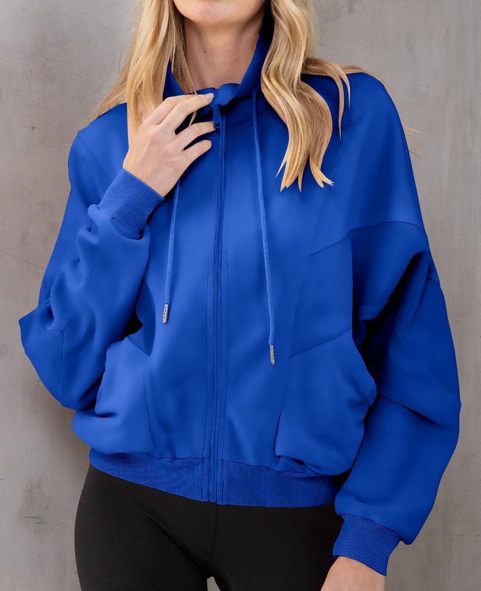 INFITTY Women's Long Sleeve Jacket Full Zip Up Stand Collar with Pockets Casual Batwing Lightweight Sweatshirts
