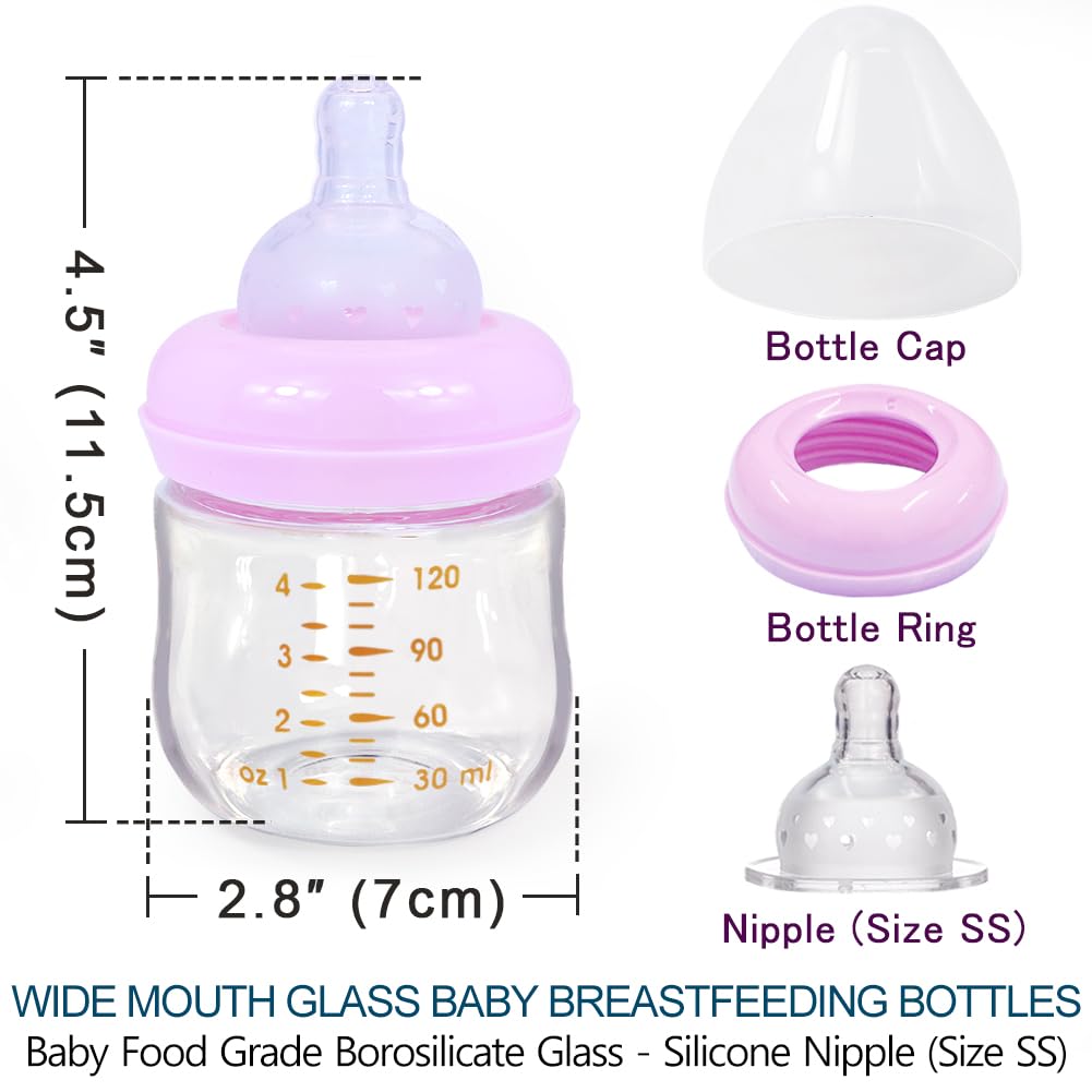 Matyz 2-Pack Glass Baby Breastfeeding Bottles with Caps (Pink, 4Oz) - Wide Neck New Born Bottles for Baby Breastfeeding - Breastfeeding Bottles for 0-3 Months Babies - Glass Baby Bottles with Nipples image 2