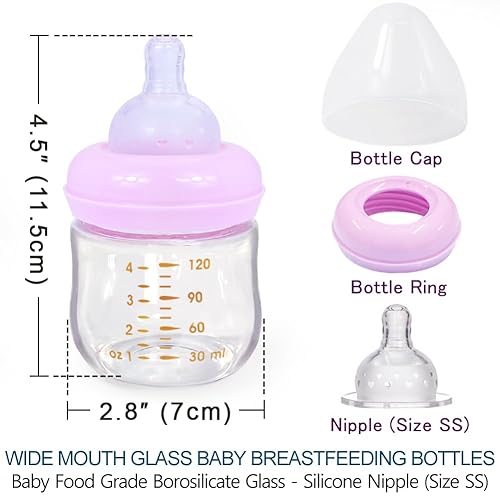 Miniatura 2 de Paquete de 2 biberones de vidrio para lactancia materna con tapas (rosa, 4 onzas), biberones de cuello ancho para lactancia materna, biberones para