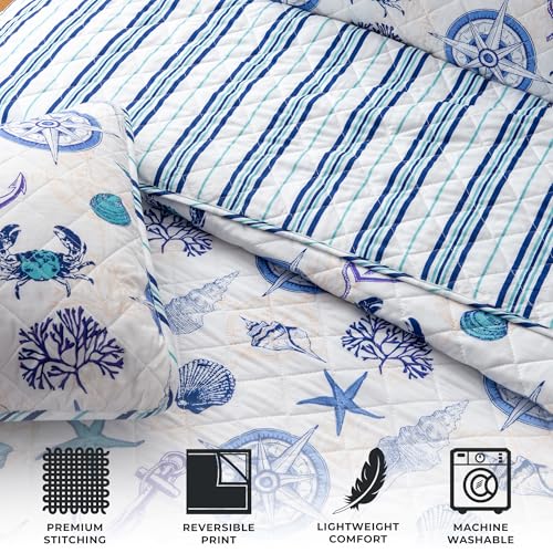 Great Bay Home Bedding Set - 2 Piece Reversible Lightweight Nautical Quilt Comforter with 1 Sham, Twin, All-Season, Beach Bedspreads, Blue Seashell Coverlet, Azure Quilts Collection